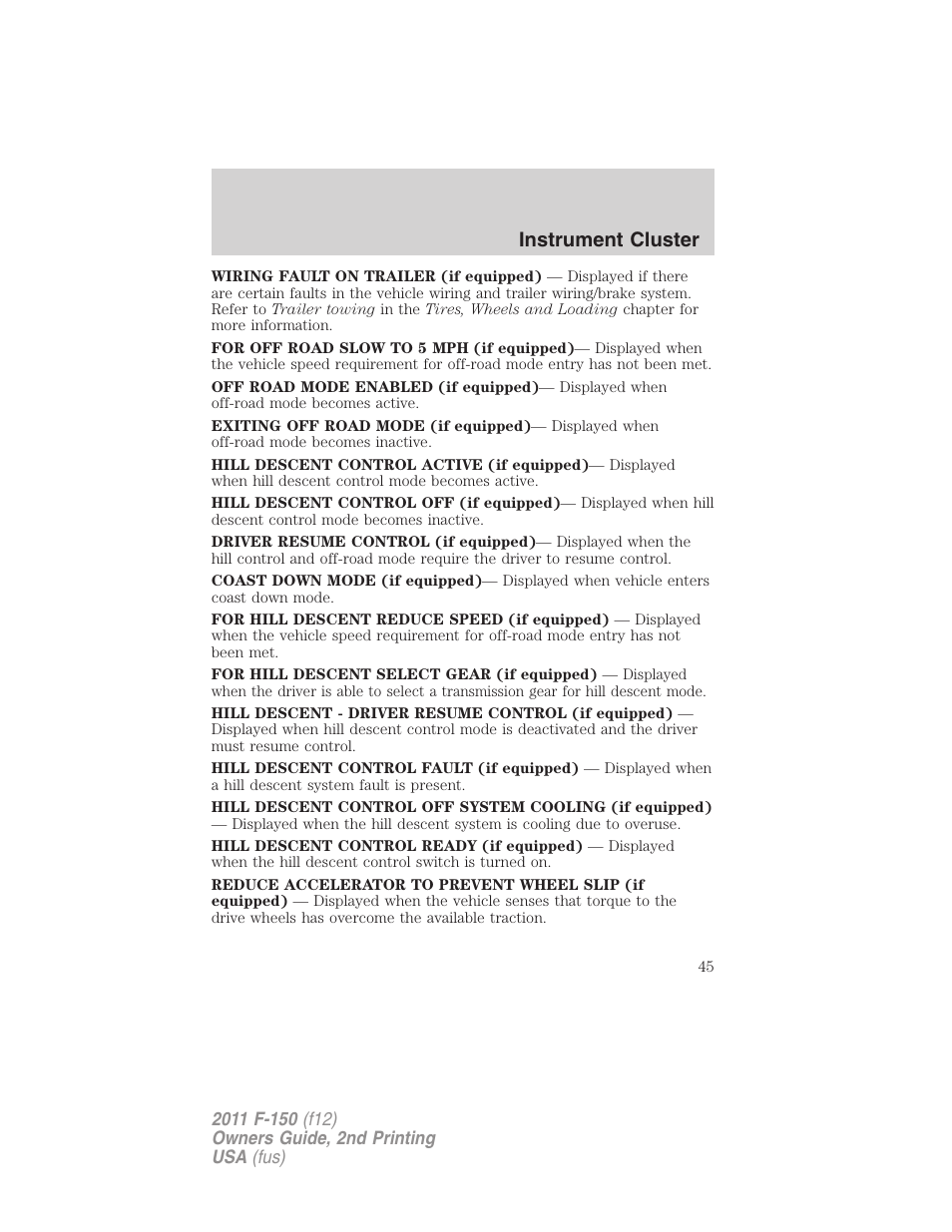 Instrument cluster | FORD 2011 F-150 v.2 User Manual | Page 45 / 460