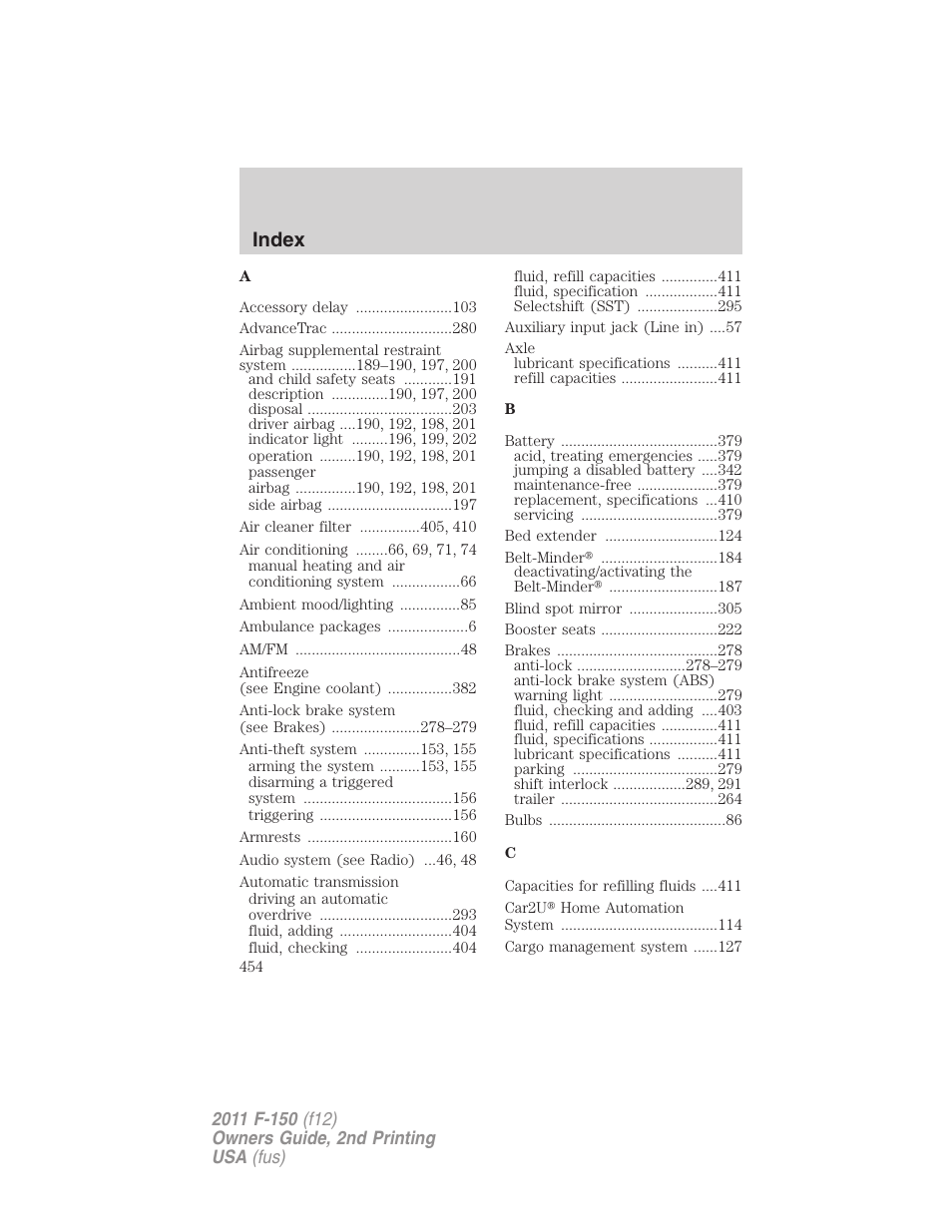 Index | FORD 2011 F-150 v.2 User Manual | Page 454 / 460