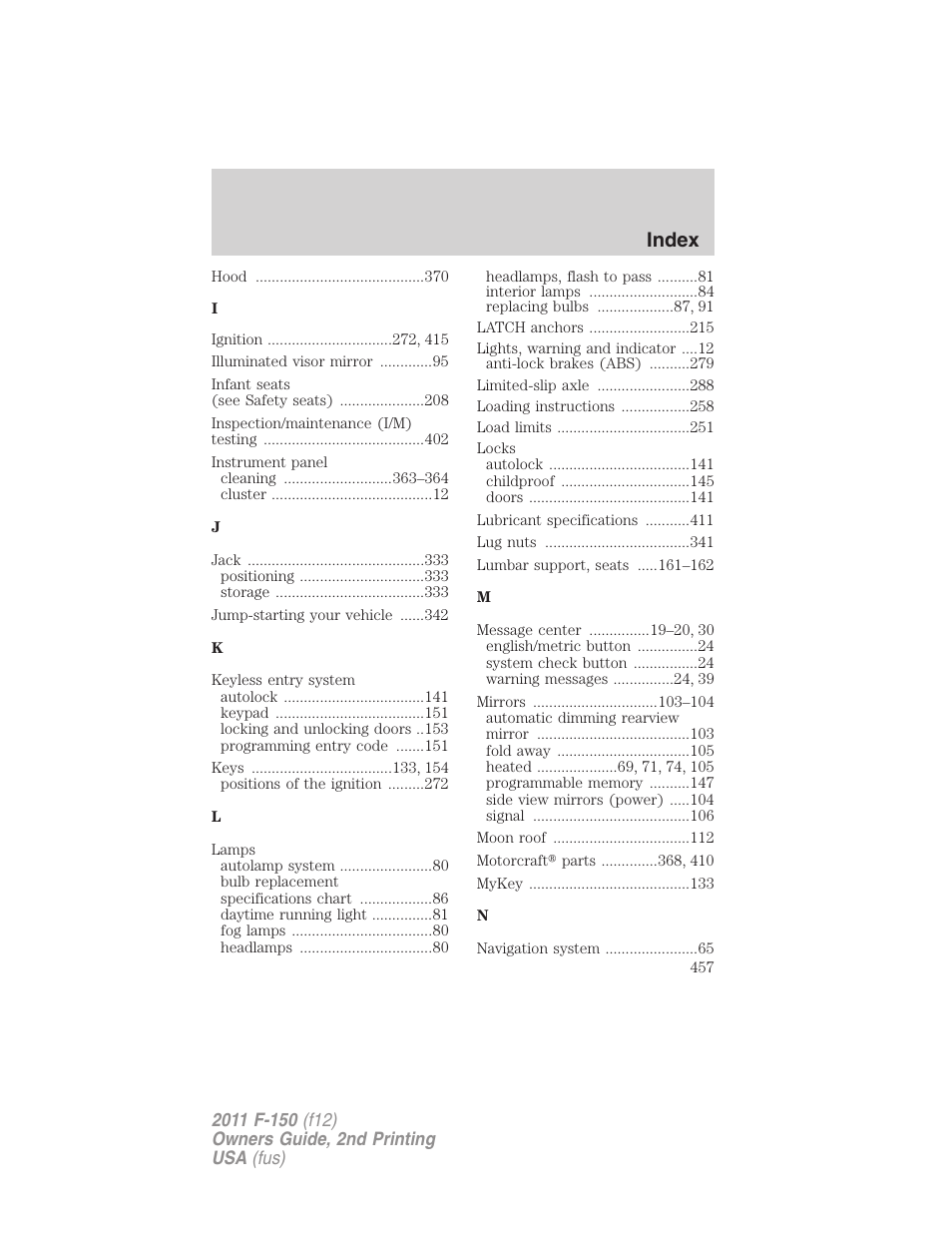 Index | FORD 2011 F-150 v.2 User Manual | Page 457 / 460