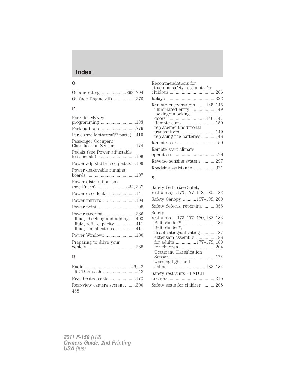 Index | FORD 2011 F-150 v.2 User Manual | Page 458 / 460