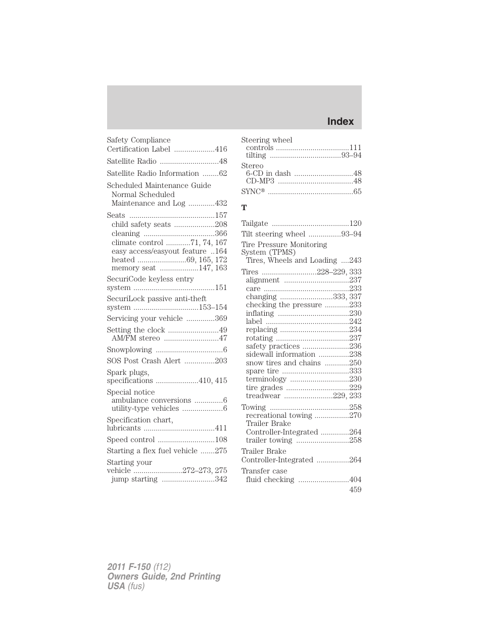 Index | FORD 2011 F-150 v.2 User Manual | Page 459 / 460