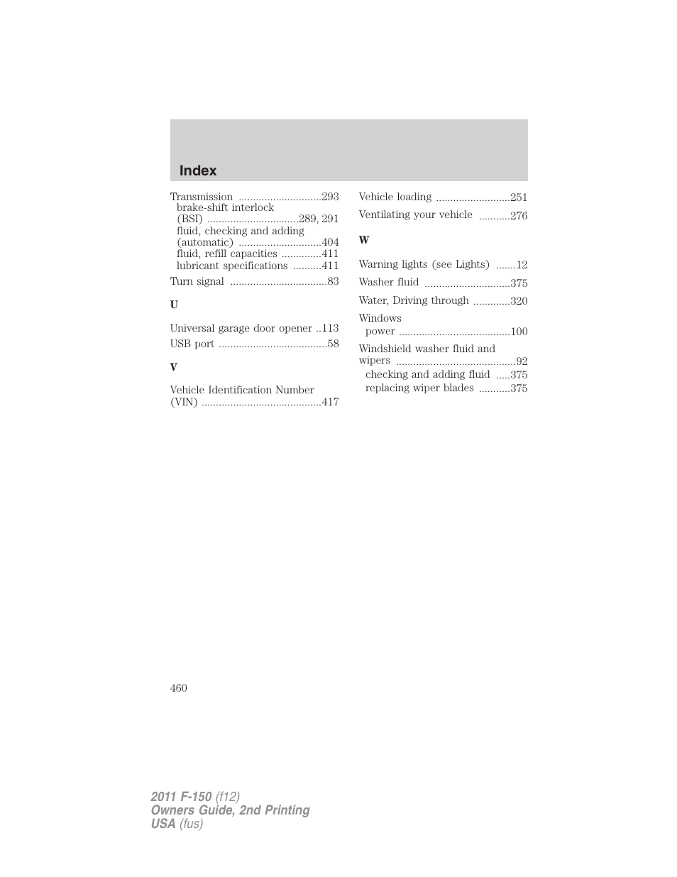 Index | FORD 2011 F-150 v.2 User Manual | Page 460 / 460