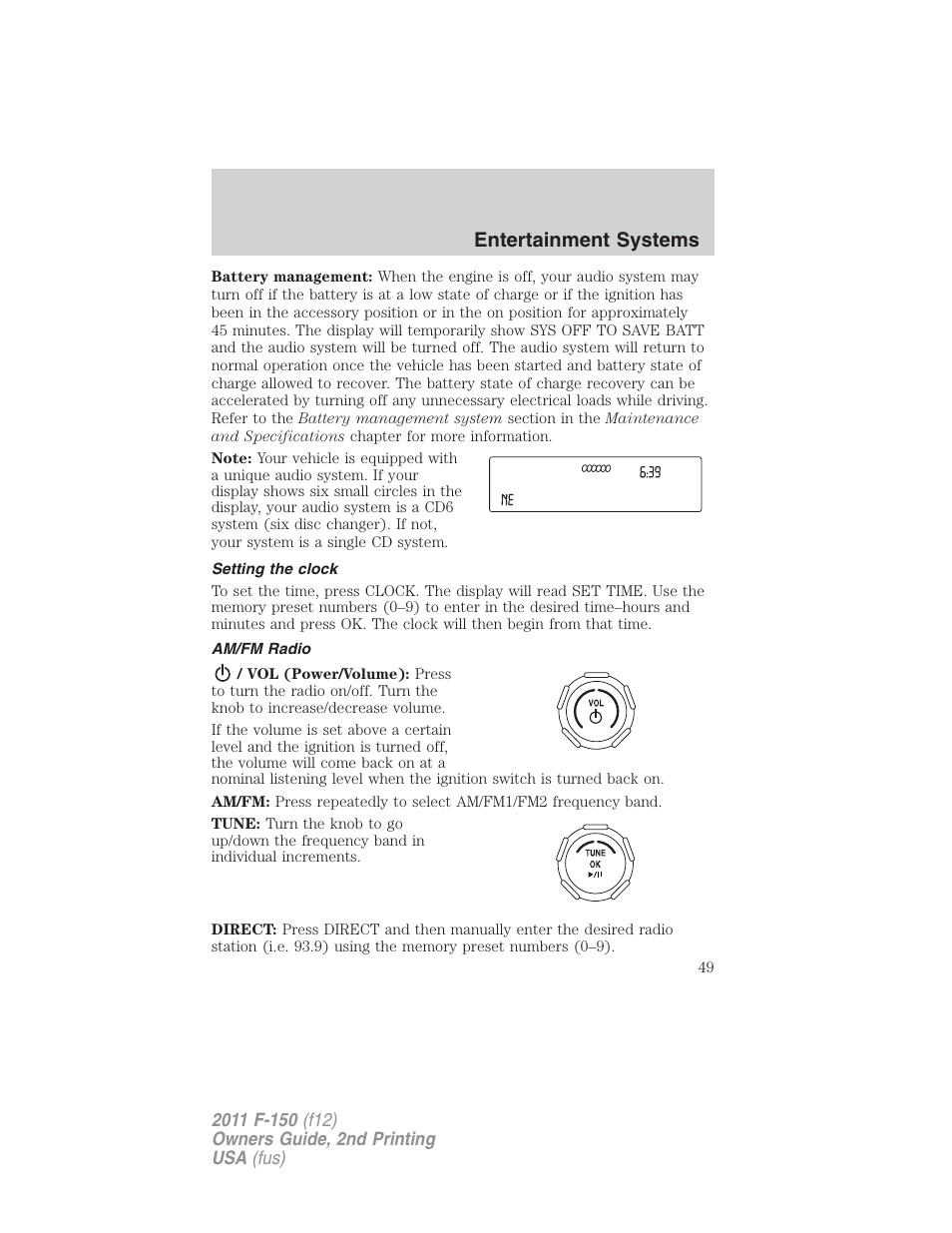 Setting the clock, Am/fm radio, Entertainment systems | FORD 2011 F-150 v.2 User Manual | Page 49 / 460