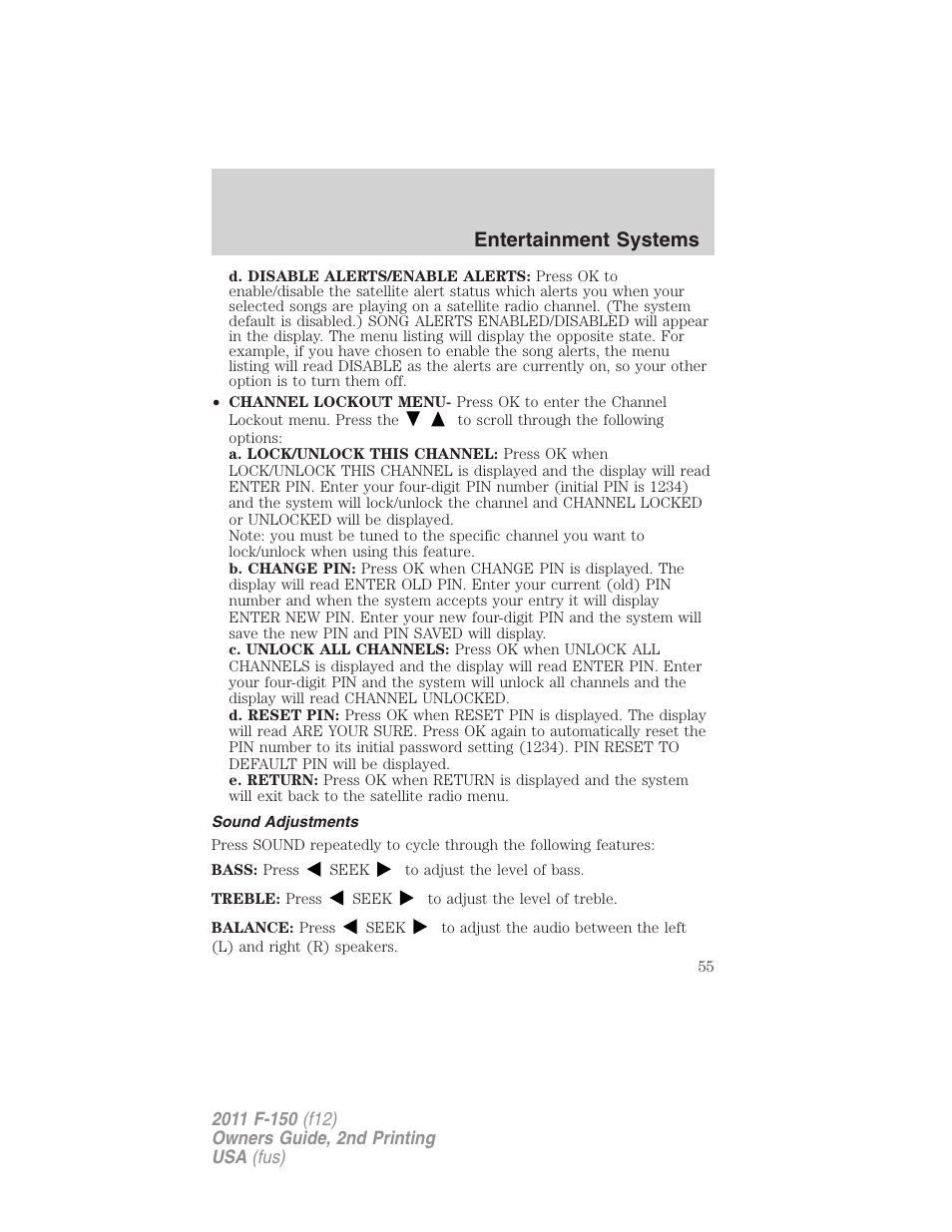 Sound adjustments, Entertainment systems | FORD 2011 F-150 v.2 User Manual | Page 55 / 460