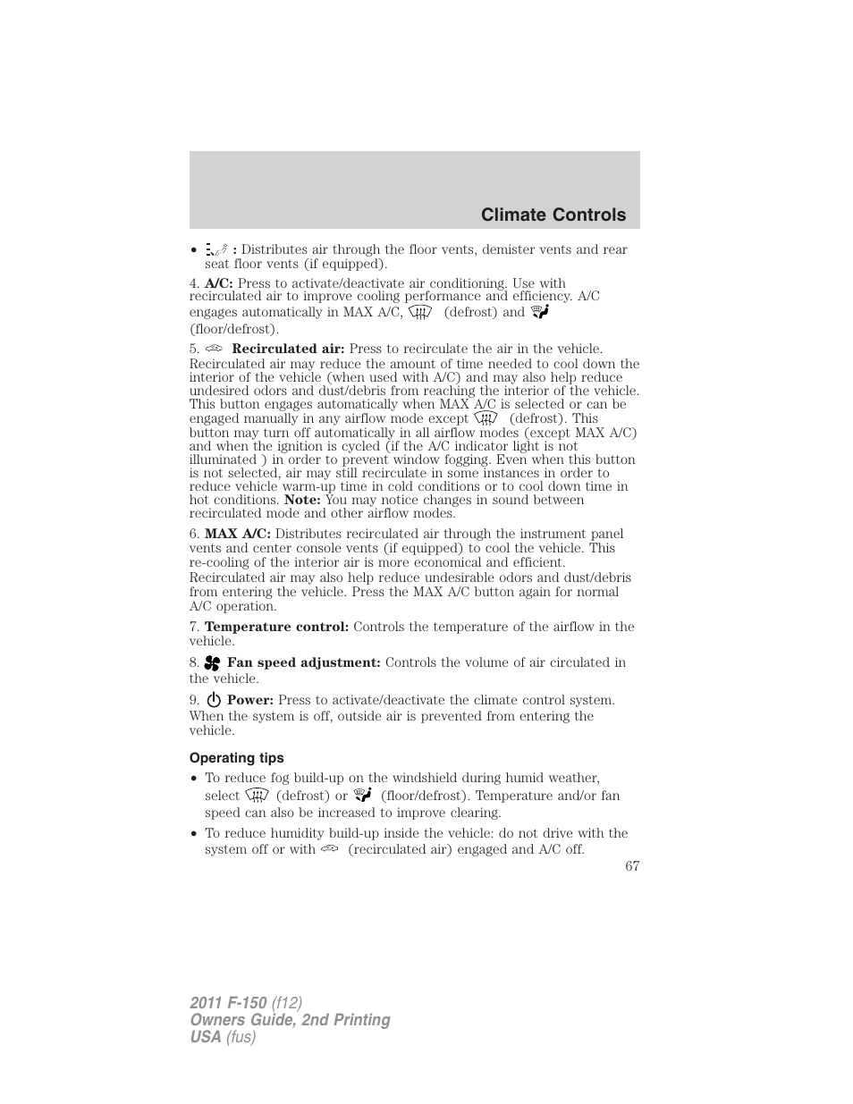 Operating tips, Climate controls | FORD 2011 F-150 v.2 User Manual | Page 67 / 460