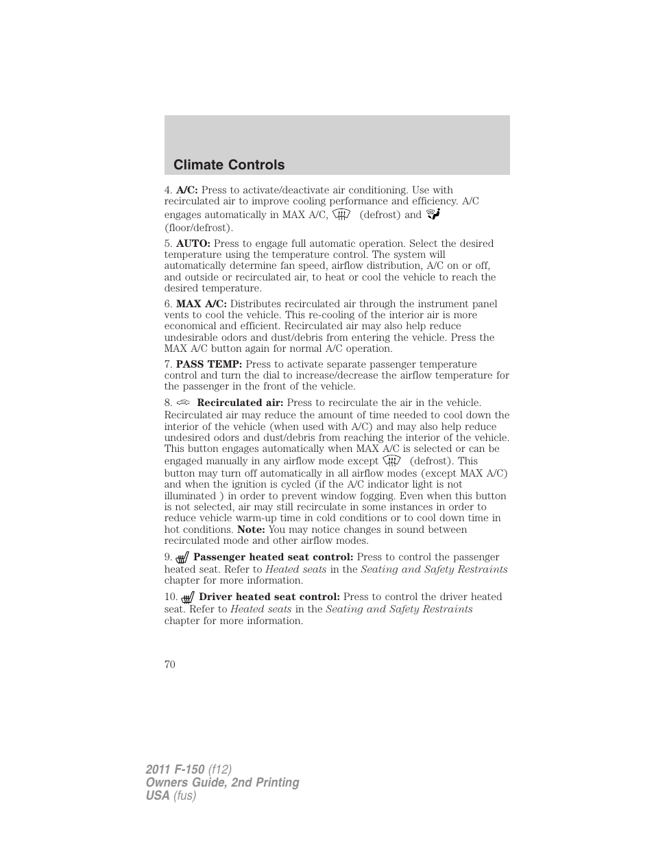 Climate controls | FORD 2011 F-150 v.2 User Manual | Page 70 / 460