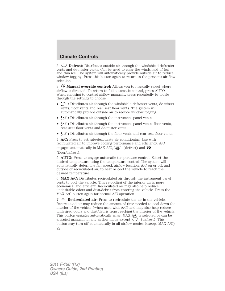 Climate controls | FORD 2011 F-150 v.2 User Manual | Page 72 / 460