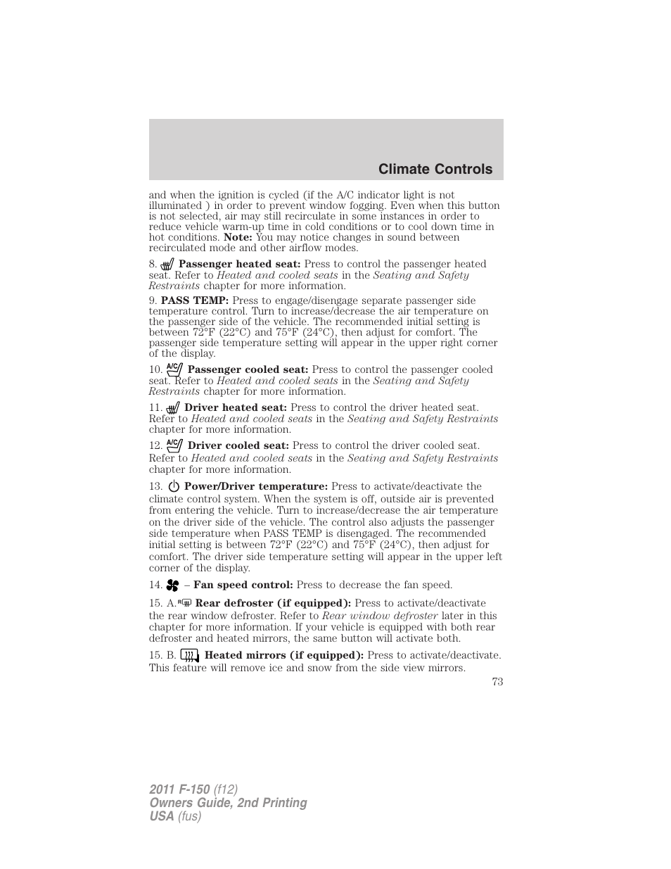 Climate controls | FORD 2011 F-150 v.2 User Manual | Page 73 / 460