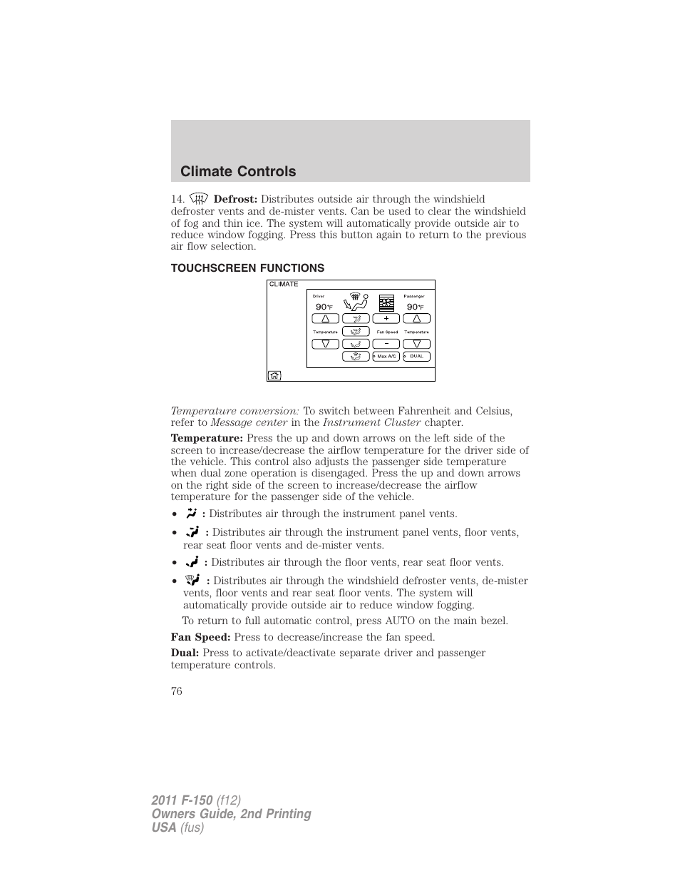 Touchscreen functions, Climate controls | FORD 2011 F-150 v.2 User Manual | Page 76 / 460