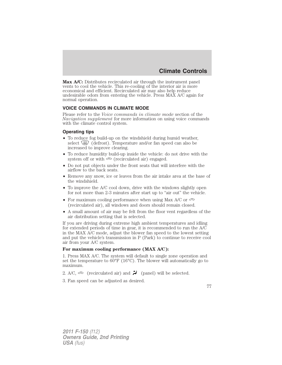 Voice commands in climate mode, Operating tips, Climate controls | FORD 2011 F-150 v.2 User Manual | Page 77 / 460