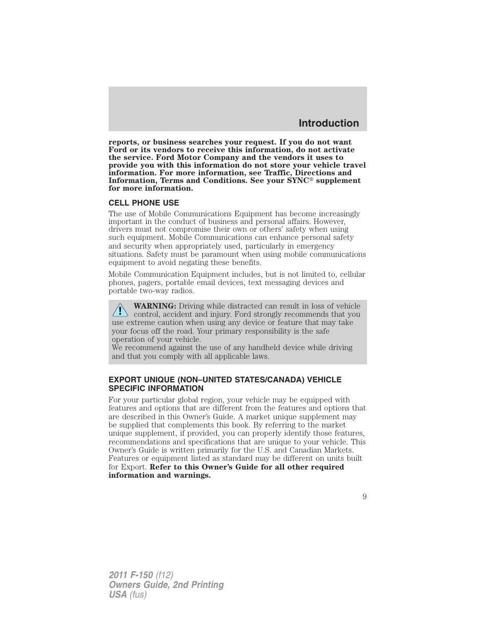 Cell phone use, Introduction | FORD 2011 F-150 v.2 User Manual | Page 9 / 460