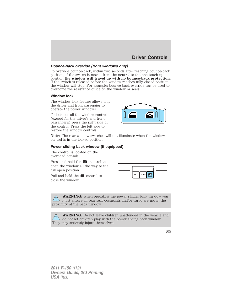 Bounce-back override (front windows only), Window lock, Power sliding back window (if equipped) | Driver controls | FORD 2011 F-150 v.3 User Manual | Page 105 / 464