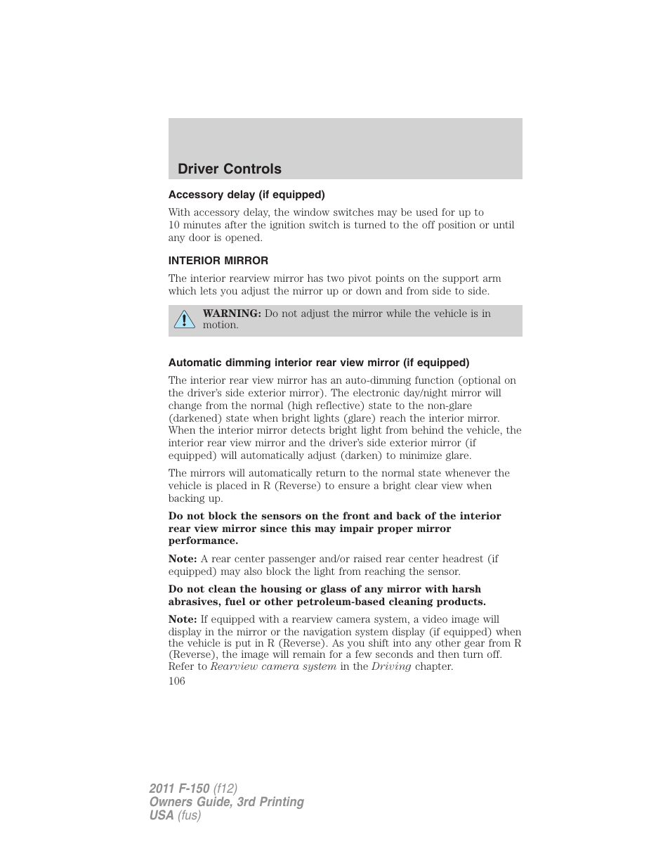 Accessory delay (if equipped), Interior mirror, Mirrors | Driver controls | FORD 2011 F-150 v.3 User Manual | Page 106 / 464