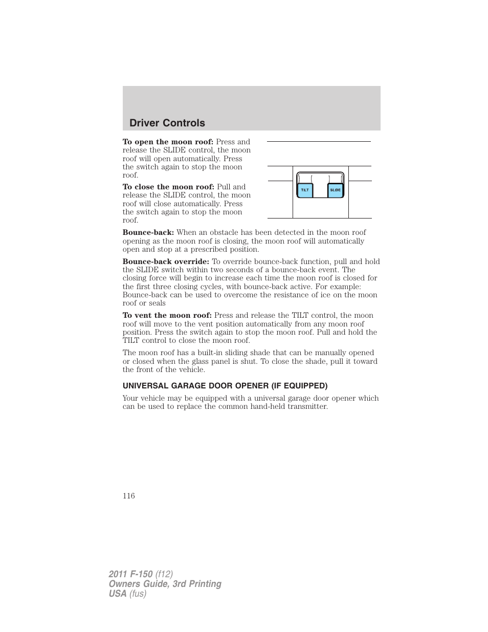 Universal garage door opener (if equipped), Driver controls | FORD 2011 F-150 v.3 User Manual | Page 116 / 464