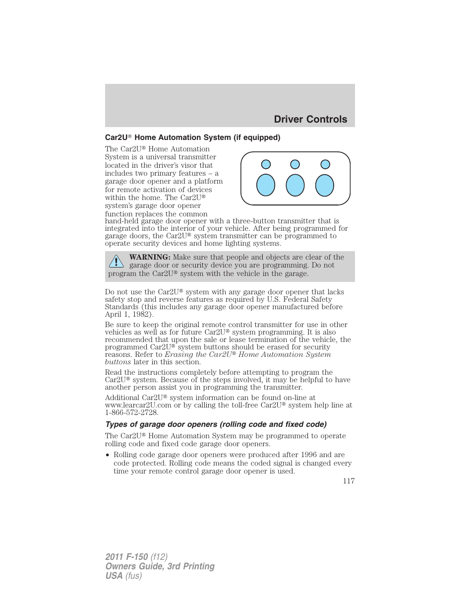 Car2u home automation system (if equipped), Driver controls | FORD 2011 F-150 v.3 User Manual | Page 117 / 464