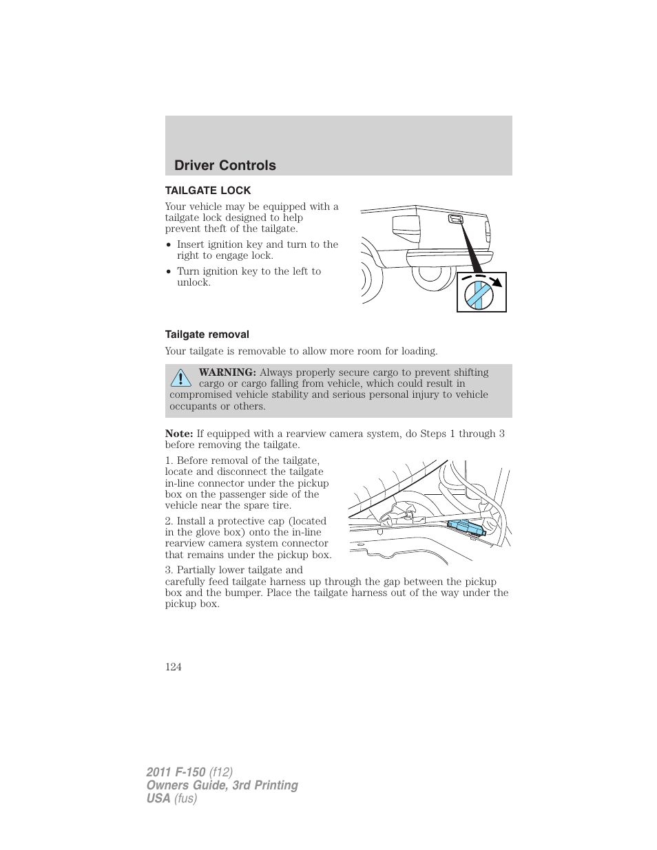 Tailgate lock, Tailgate removal, Tailgate | Driver controls | FORD 2011 F-150 v.3 User Manual | Page 124 / 464