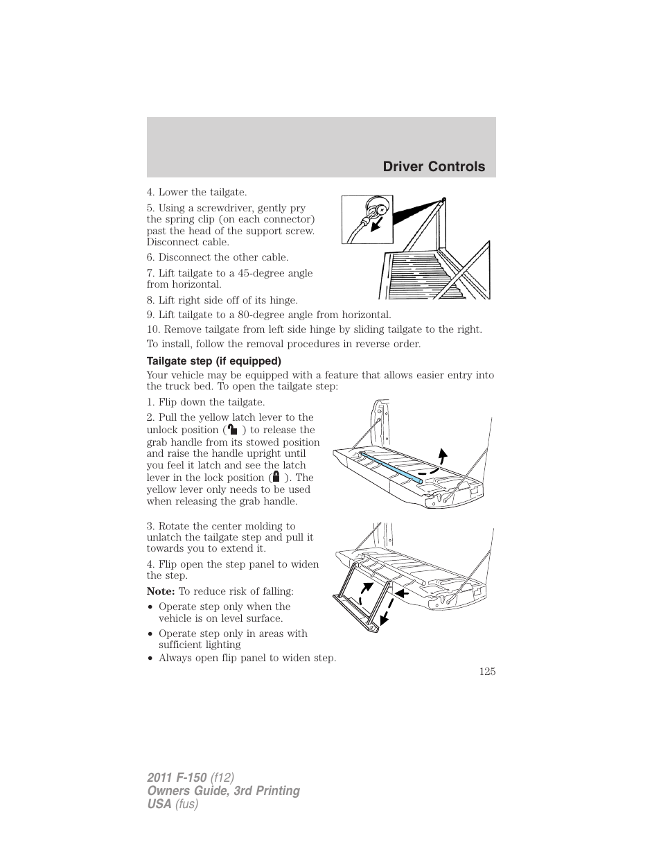 Tailgate step (if equipped), Driver controls | FORD 2011 F-150 v.3 User Manual | Page 125 / 464