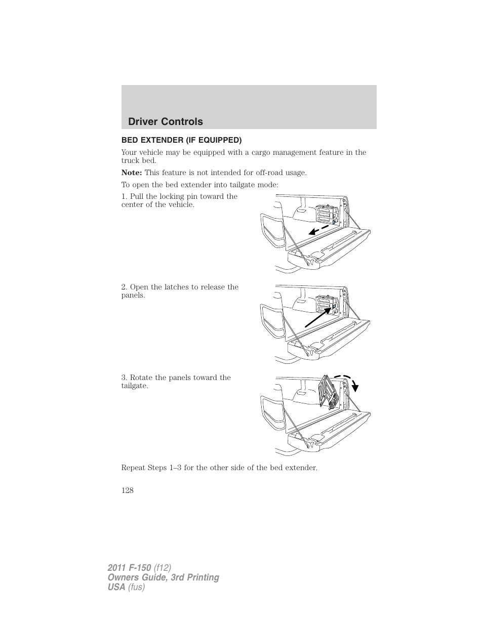 Bed extender (if equipped), Driver controls | FORD 2011 F-150 v.3 User Manual | Page 128 / 464