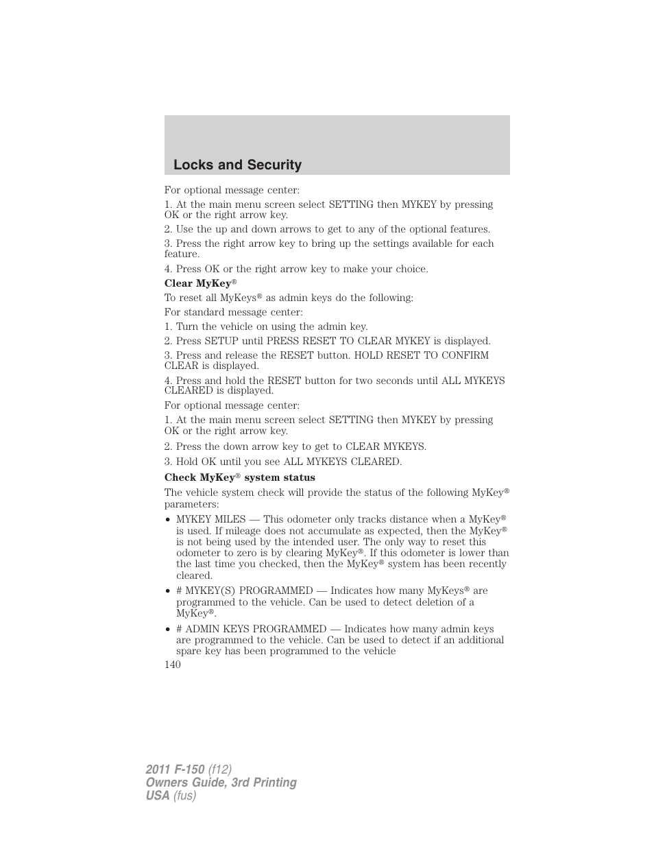 Locks and security | FORD 2011 F-150 v.3 User Manual | Page 140 / 464