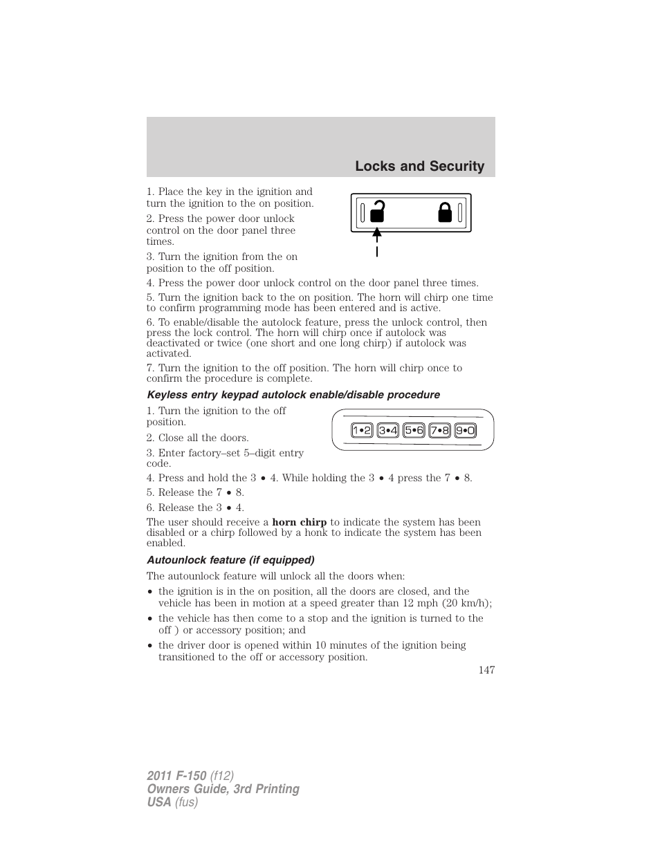 Autounlock feature (if equipped), Locks and security | FORD 2011 F-150 v.3 User Manual | Page 147 / 464