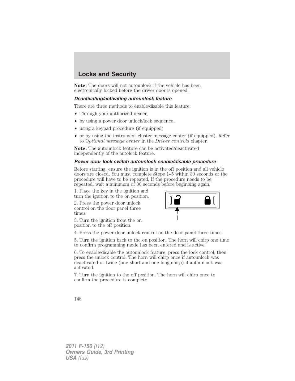 Deactivating/activating autounlock feature, Locks and security | FORD 2011 F-150 v.3 User Manual | Page 148 / 464