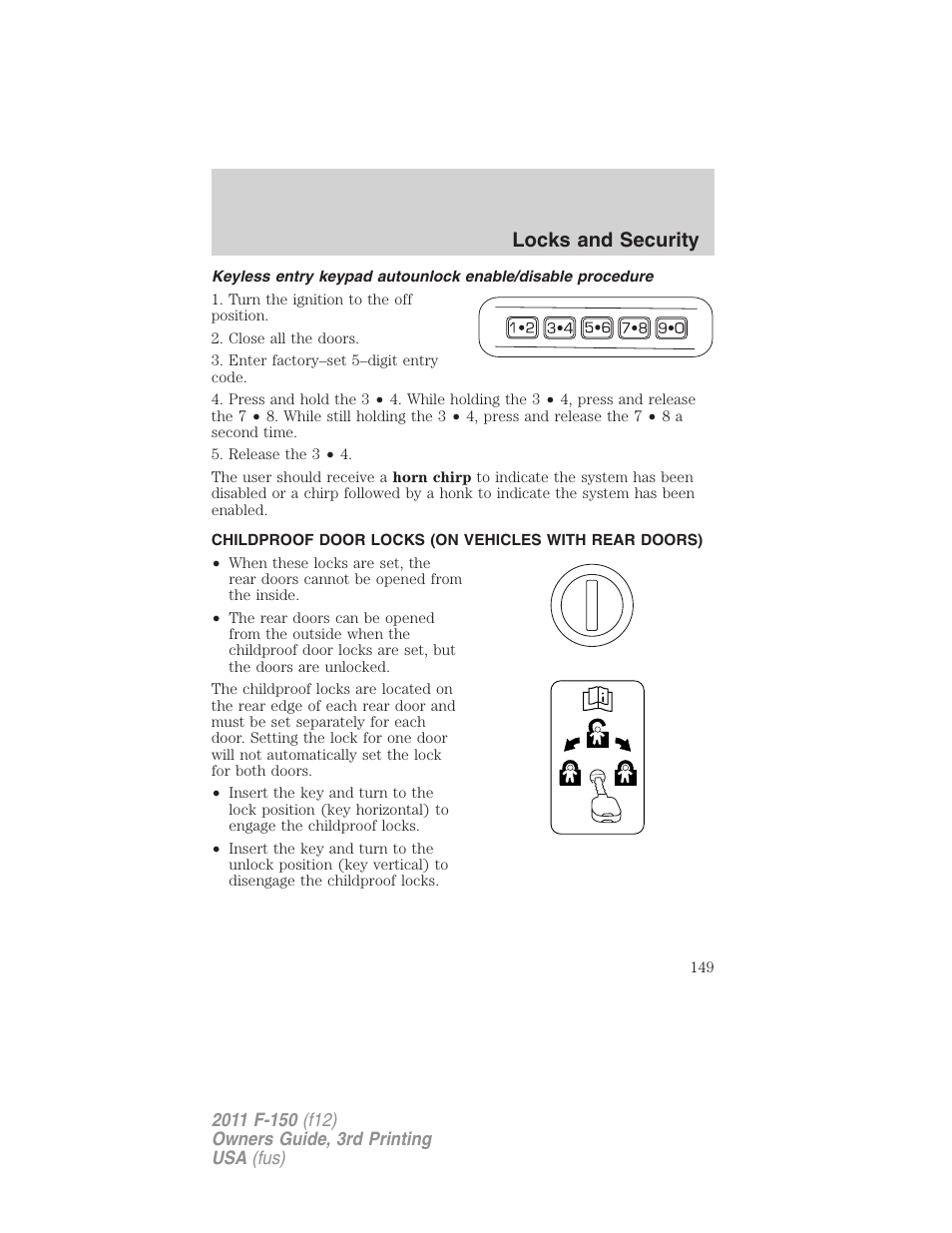 Locks and security | FORD 2011 F-150 v.3 User Manual | Page 149 / 464