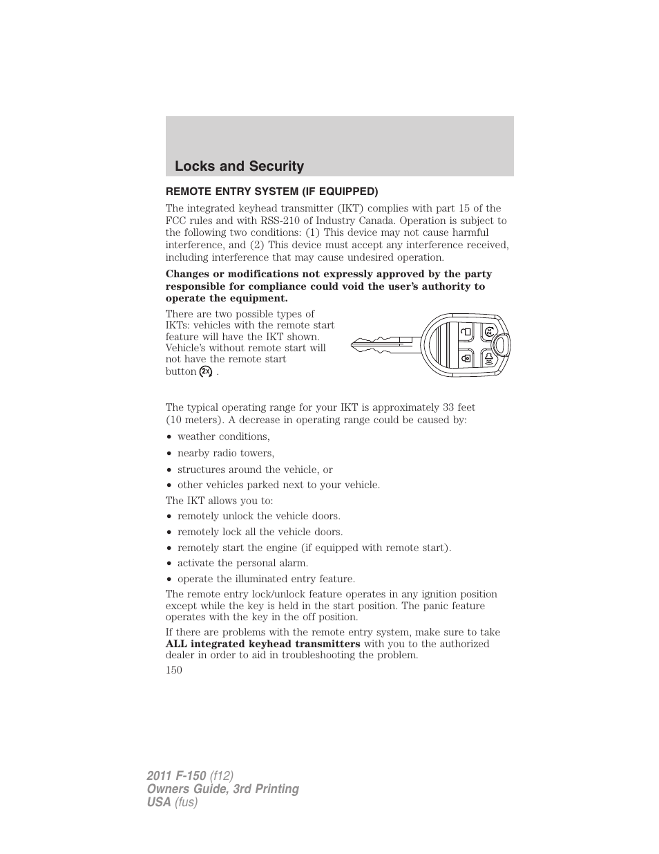 Remote entry system (if equipped), Locks and security | FORD 2011 F-150 v.3 User Manual | Page 150 / 464