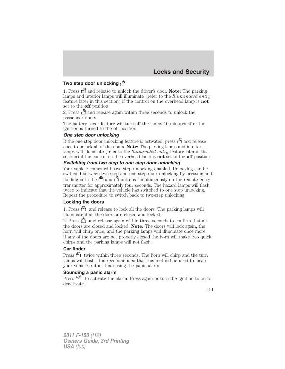 Two step door unlocking, One step door unlocking, Switching from two step to one step door unlocking | Locking the doors, Car finder, Sounding a panic alarm, Locks and security | FORD 2011 F-150 v.3 User Manual | Page 151 / 464