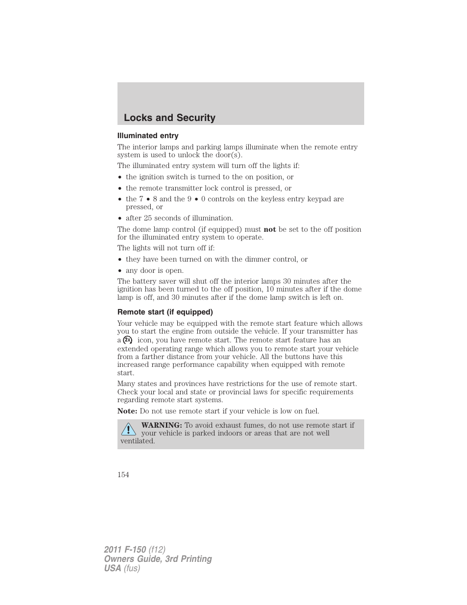 Illuminated entry, Remote start (if equipped), Locks and security | FORD 2011 F-150 v.3 User Manual | Page 154 / 464