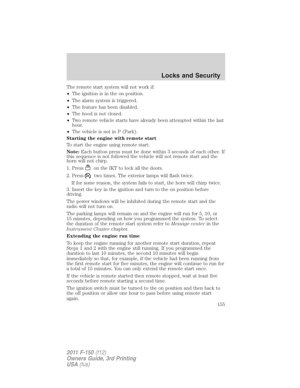 Locks and security | FORD 2011 F-150 v.3 User Manual | Page 155 / 464