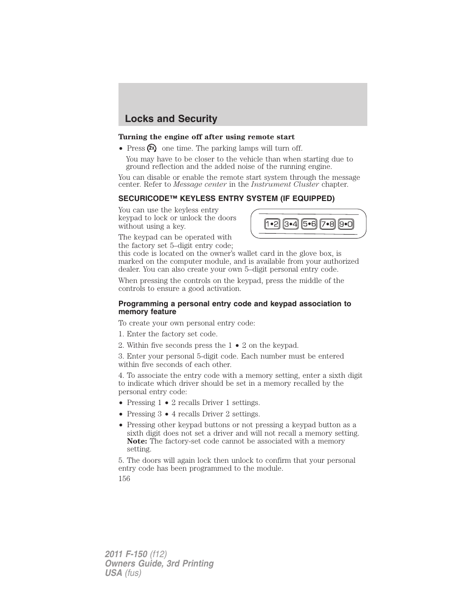 Securicode™ keyless entry system (if equipped), Locks and security | FORD 2011 F-150 v.3 User Manual | Page 156 / 464