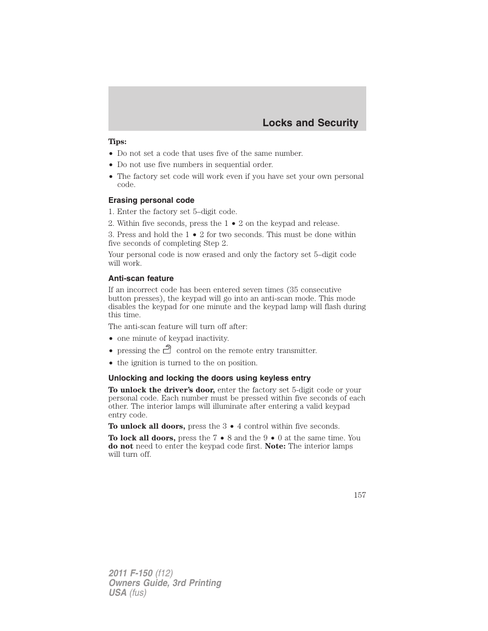 Erasing personal code, Anti-scan feature, Locks and security | FORD 2011 F-150 v.3 User Manual | Page 157 / 464