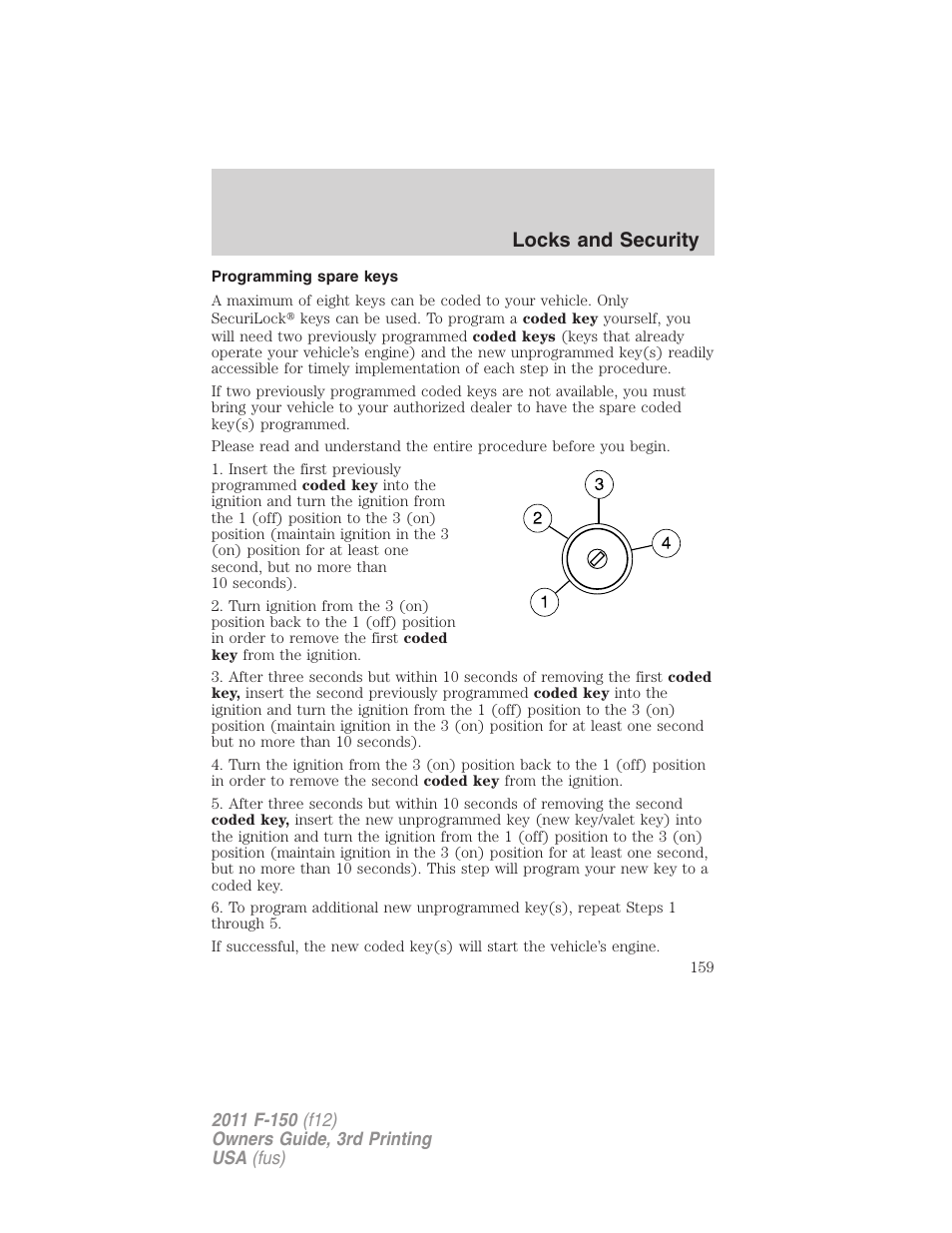 Programming spare keys, Locks and security | FORD 2011 F-150 v.3 User Manual | Page 159 / 464