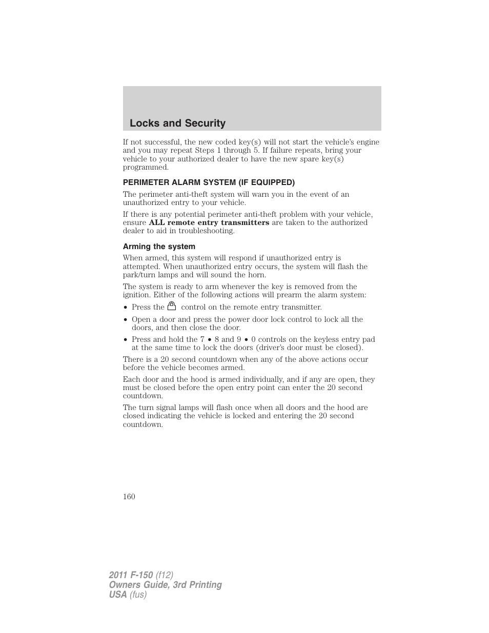 Perimeter alarm system (if equipped), Arming the system, Locks and security | FORD 2011 F-150 v.3 User Manual | Page 160 / 464