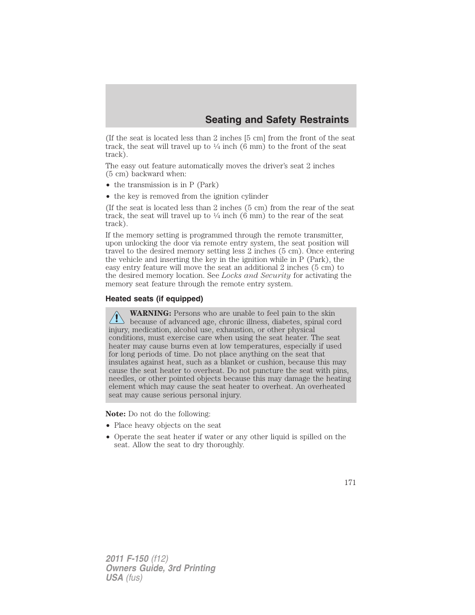 Heated seats (if equipped), Seating and safety restraints | FORD 2011 F-150 v.3 User Manual | Page 171 / 464