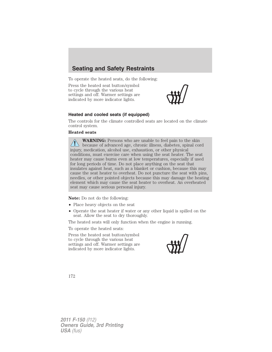Heated and cooled seats (if equipped), Seating and safety restraints | FORD 2011 F-150 v.3 User Manual | Page 172 / 464