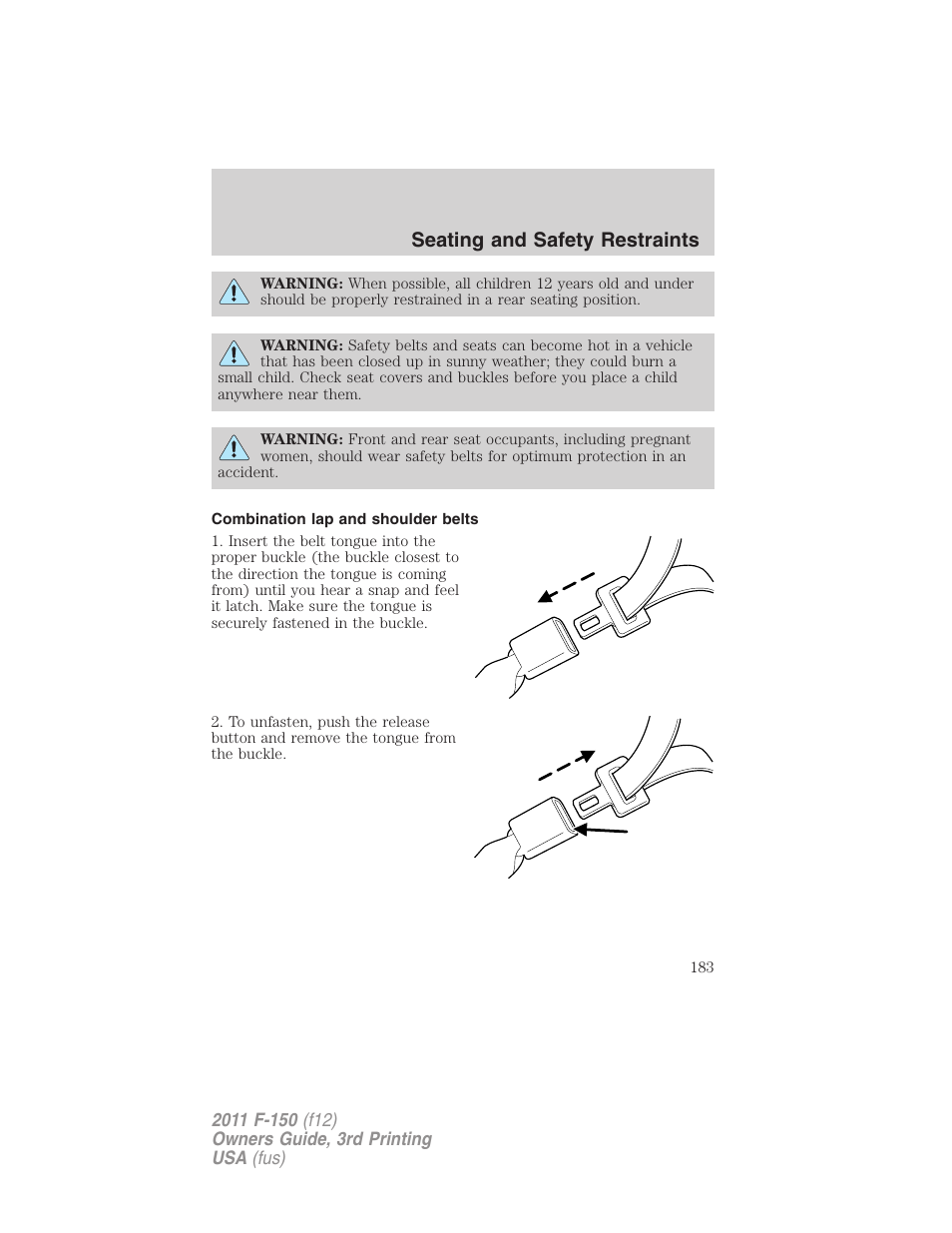 Combination lap and shoulder belts, Seating and safety restraints | FORD 2011 F-150 v.3 User Manual | Page 183 / 464