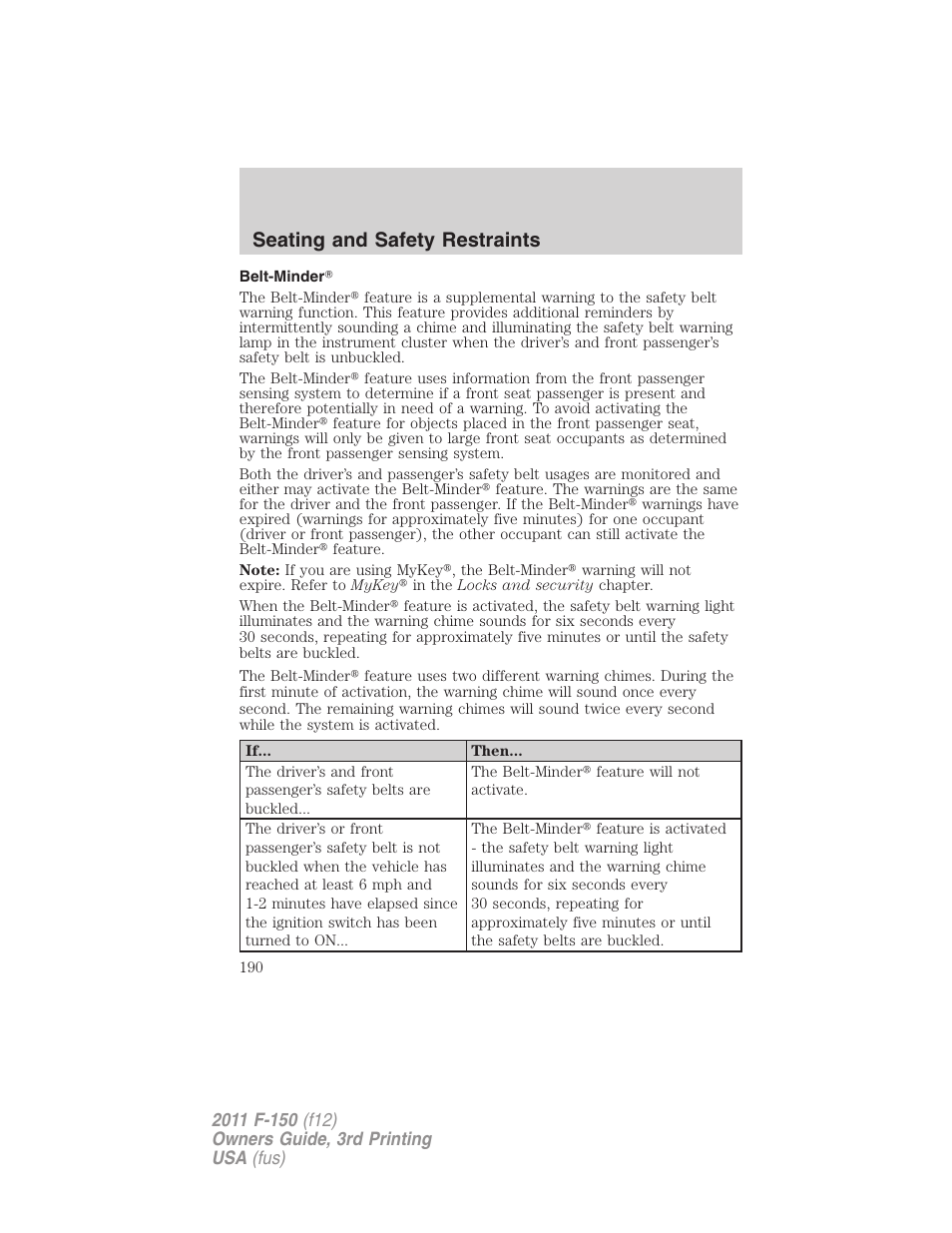 Belt-minder, Seating and safety restraints | FORD 2011 F-150 v.3 User Manual | Page 190 / 464