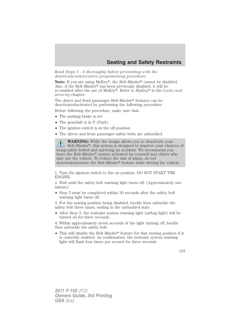 Seating and safety restraints | FORD 2011 F-150 v.3 User Manual | Page 193 / 464