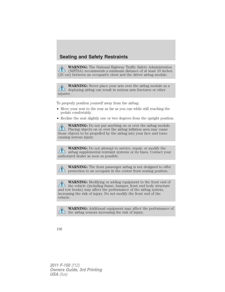 Seating and safety restraints | FORD 2011 F-150 v.3 User Manual | Page 196 / 464