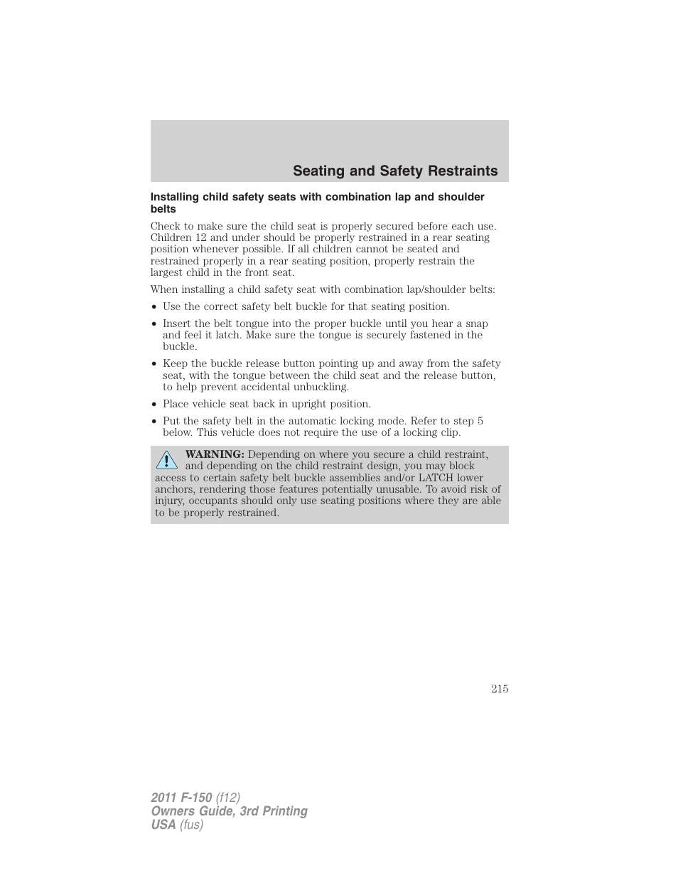 Seating and safety restraints | FORD 2011 F-150 v.3 User Manual | Page 215 / 464