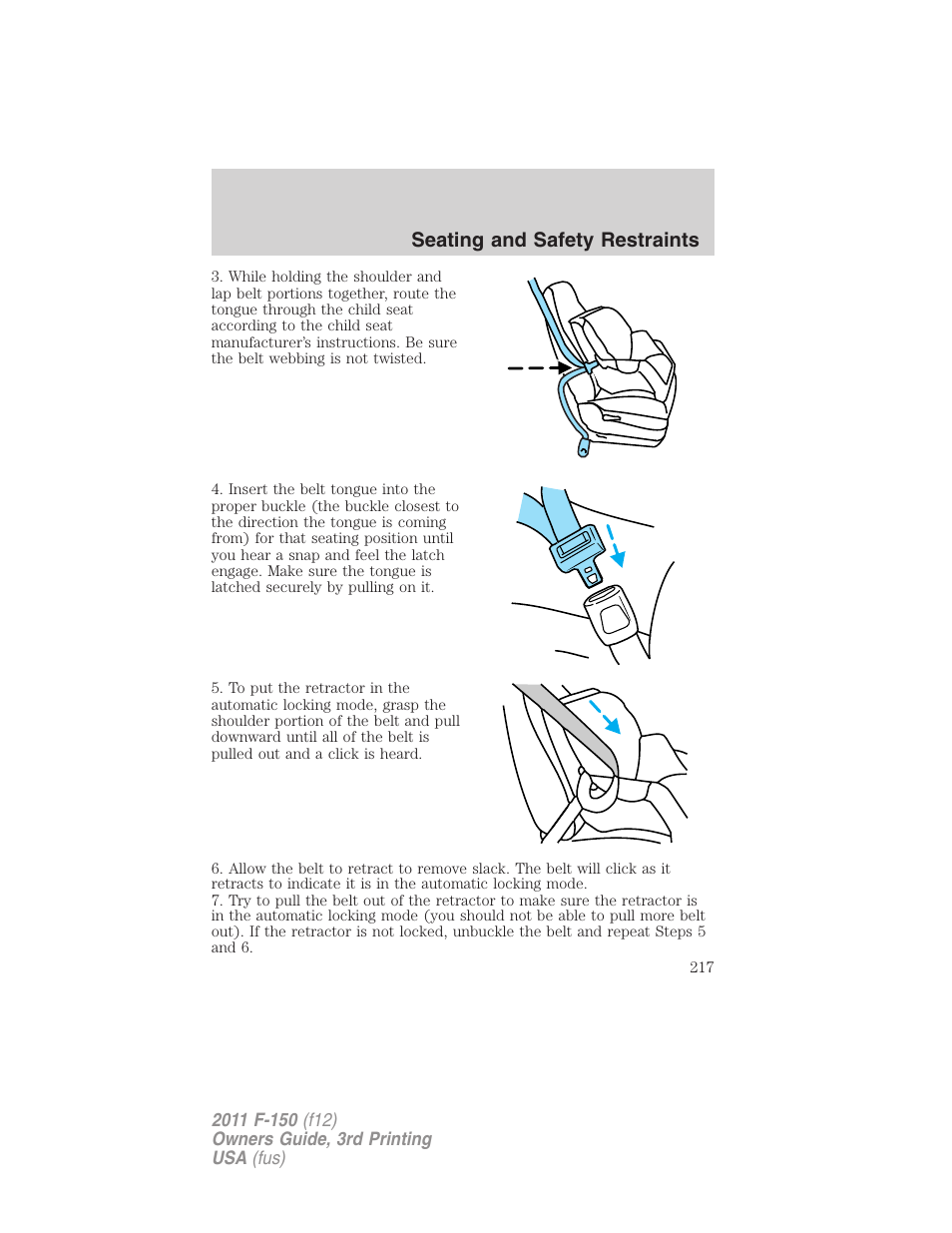 Seating and safety restraints | FORD 2011 F-150 v.3 User Manual | Page 217 / 464