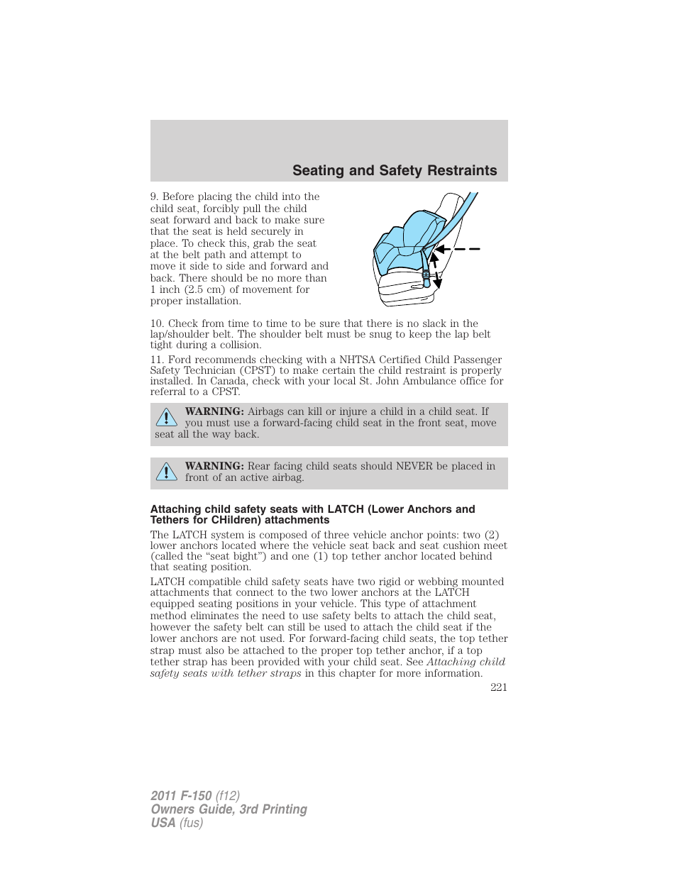 Seating and safety restraints | FORD 2011 F-150 v.3 User Manual | Page 221 / 464