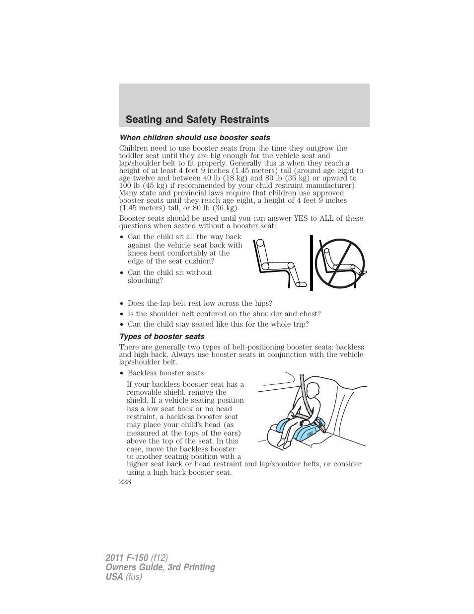 When children should use booster seats, Types of booster seats, Seating and safety restraints | FORD 2011 F-150 v.3 User Manual | Page 228 / 464