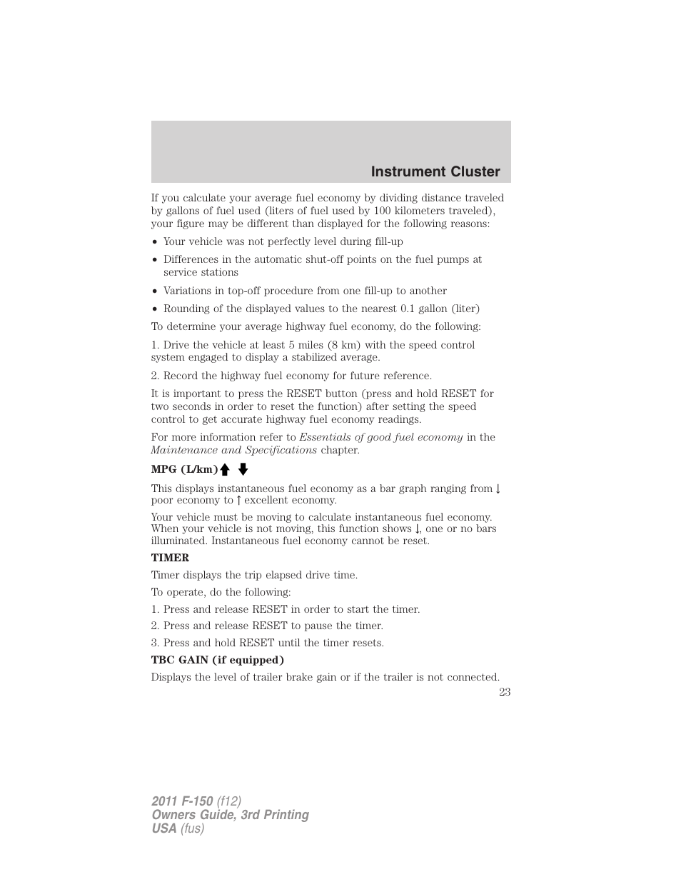 Instrument cluster | FORD 2011 F-150 v.3 User Manual | Page 23 / 464