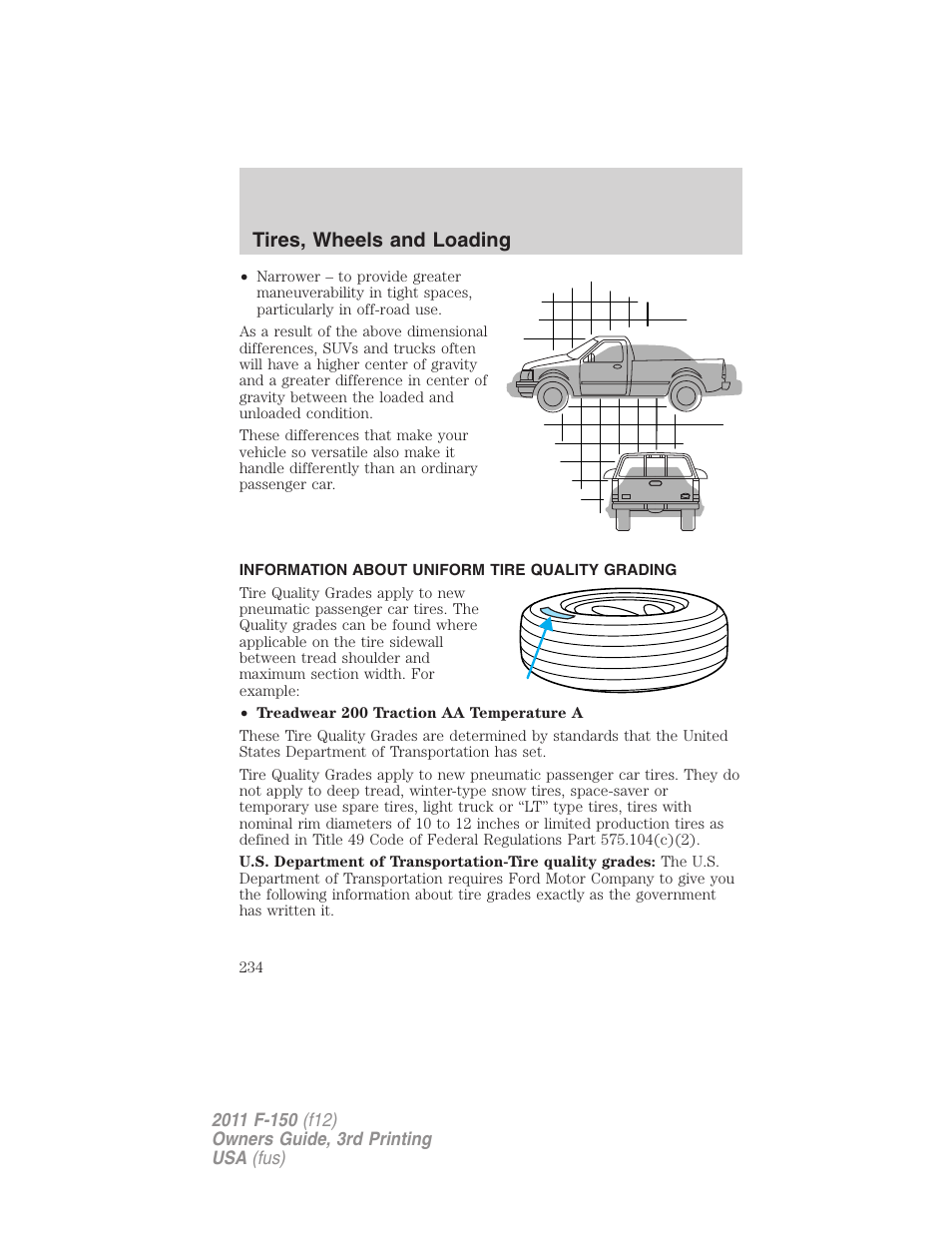 Information about uniform tire quality grading, Tire information, Tires, wheels and loading | FORD 2011 F-150 v.3 User Manual | Page 234 / 464