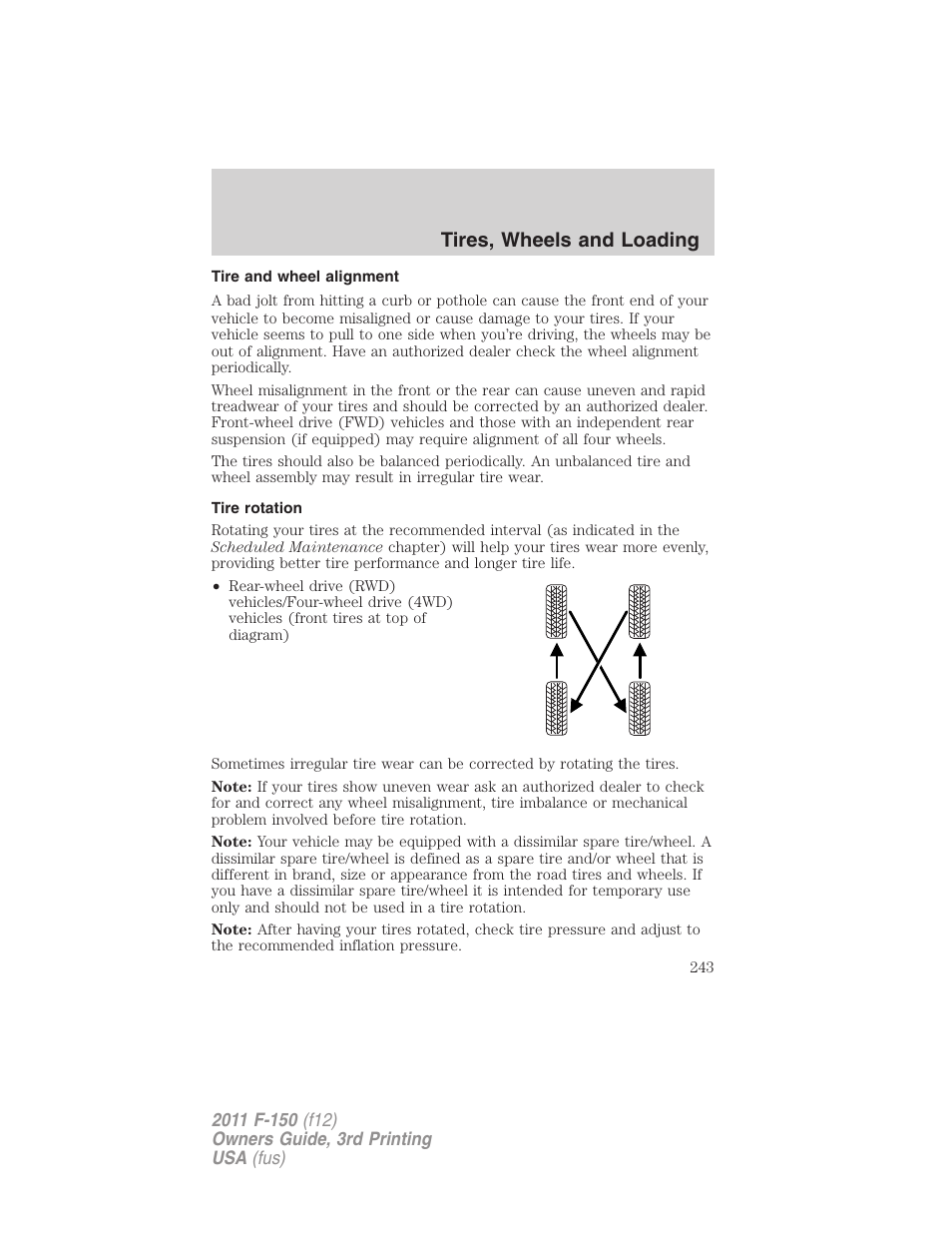 Tire and wheel alignment, Tire rotation, Tires, wheels and loading | FORD 2011 F-150 v.3 User Manual | Page 243 / 464