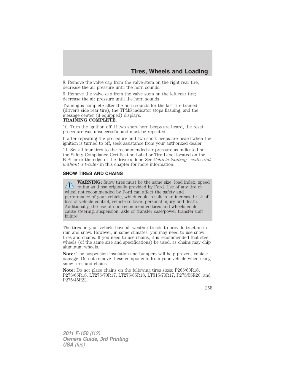 Snow tires and chains, Tires, wheels and loading | FORD 2011 F-150 v.3 User Manual | Page 255 / 464