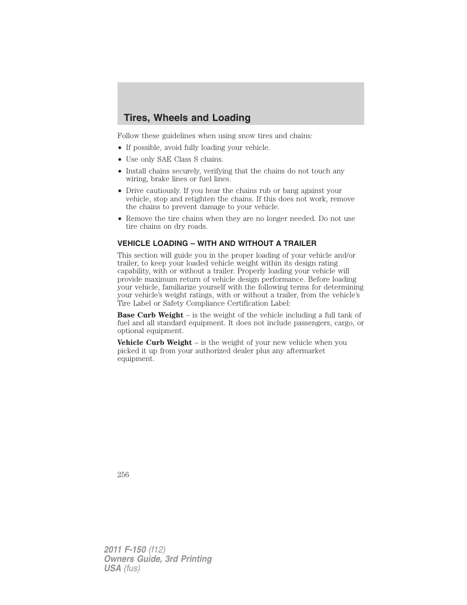 Vehicle loading – with and without a trailer, Vehicle loading, Tires, wheels and loading | FORD 2011 F-150 v.3 User Manual | Page 256 / 464