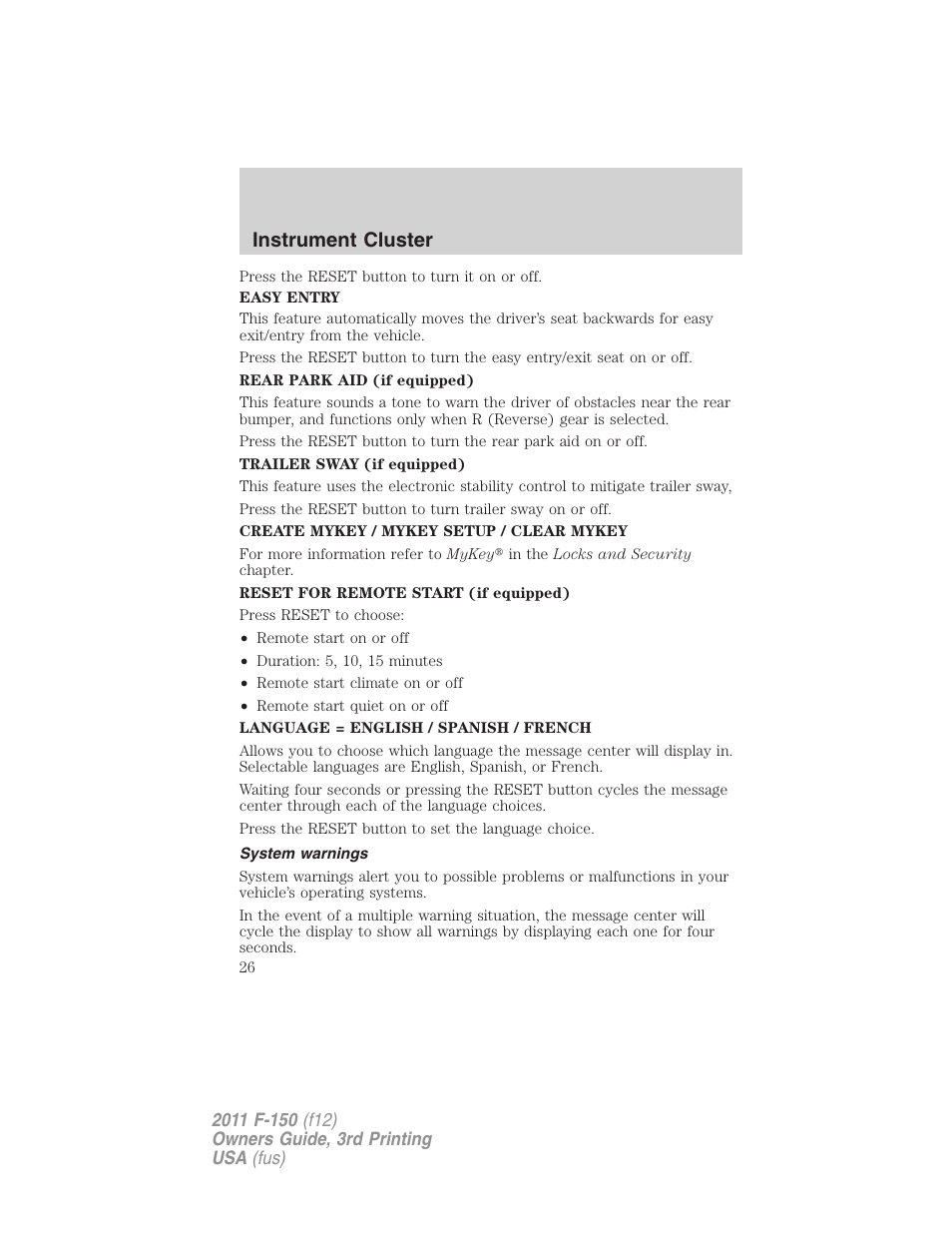 System warnings, Instrument cluster | FORD 2011 F-150 v.3 User Manual | Page 26 / 464